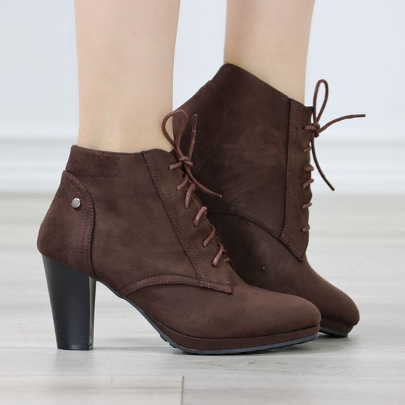 Womens Ankle Boots Lace Up Block Heel Booties Brown Faux Suede - Picture 2 of 11